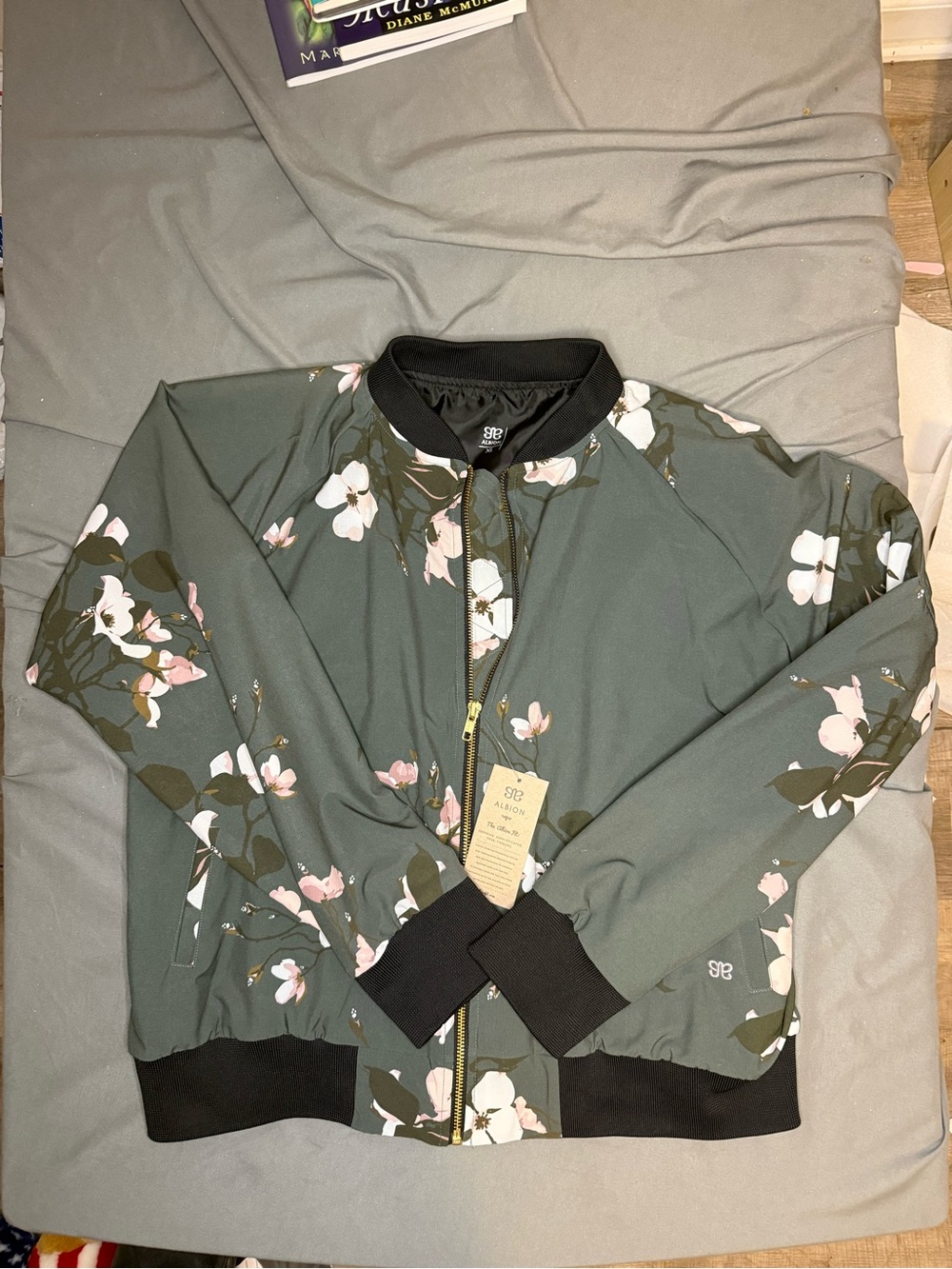 Albion Olive Green Floral Jacket with Pink & White Blossoms